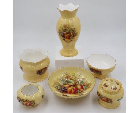 Six pieces of Aynsley Orchard Gold ceramics, largest H: 31 cm, crack to vase and small chip to bowl. UK P&amp;P Group 3 (£30+