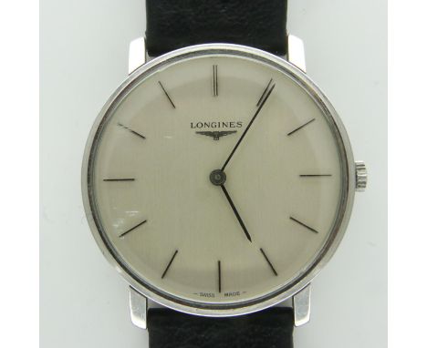 LONGINES: gents steel cased wristwatch, with leather strap, working at lotting, boxed. UK P&amp;P Group 1 (£16+VAT for the fi