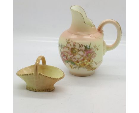 Royal Worcester blush ivory jug and miniature flower basket, H: 9 cm, no cracks or chips. UK P&amp;P Group 2 (£20+VAT for the