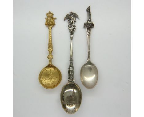 1938 Empire Exhibition (Glasgow) hallmarked silver spoon, 1910 Brussels Exposition white metal teaspoon and 1911 Pageant of L