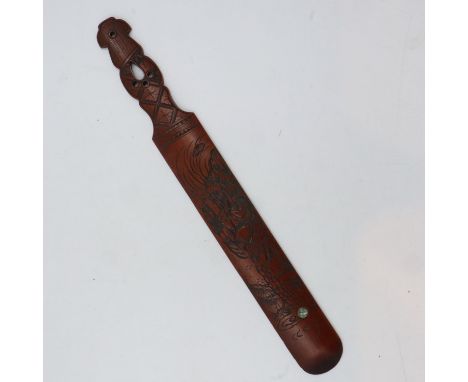 Carved Chinese hardwood paddle turning with mother of pearl insert, L: 44 cm. UK P&amp;P Group 2 (£20+VAT for the first lot a