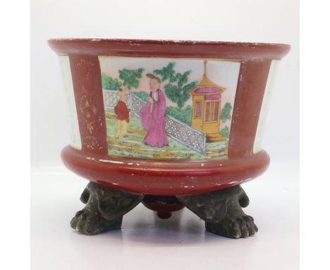 Chinese bowl with ceramic feet and painted script decoration, some wear and one loose foot. D: 17cm. UK P&amp;P Group 2 (£20+