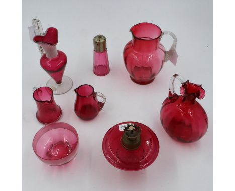 Mixed cranberry glass tableware, including an oil lamp, tallest H: 25cm, no cracks or chips. Not available for in-house P&amp