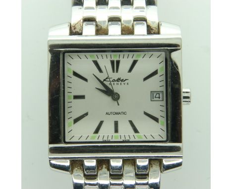KOLBER: Swiss gent automatic wristwatch with square dial, date aperture and luminescent chapters, on a stainless expanding br