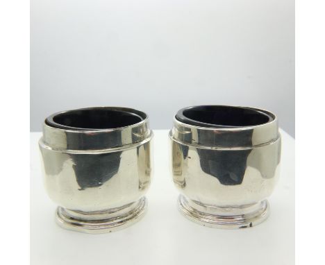 Pair of silver open salts with Bristol blue liners. UK P&amp;P Group 1 (£16+VAT for the first lot and £2+VAT for subsequent l
