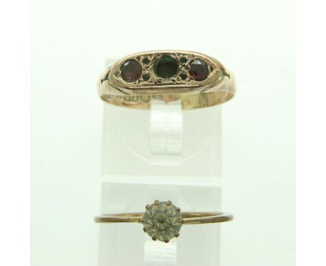 Victorian 9ct rose gold trilogy ring, lacking centre stone, size R/S, 1.7g, with a further yellow metal solitaire ring. UK P&