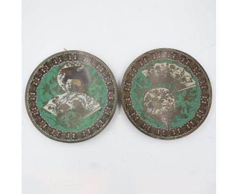 Two good Japanese cloisonné plate with decoration verso, D: 30 cm. No cracks or chips, some crazing, green enamel flaked off,