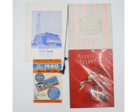 1940 Worlds Fair New York Petroleum Industry Exhibit menu, World of Fashion menu, advance ticket sale advert and Merrie Engla