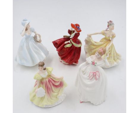 Five Royal Doulton ladies, including Top Of The Hill. Largest H: 21 cm, no chips or cracks. UK P&amp;P Group 3 (£30+VAT for t