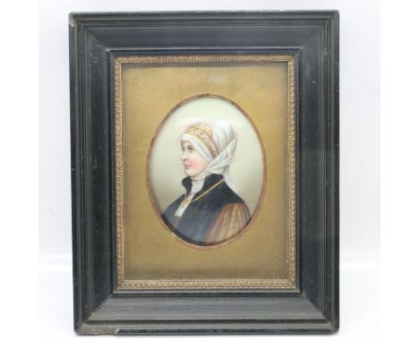 Ceramic framed portrait miniature of a young girl. UK P&amp;P Group 1 (£16+VAT for the first lot and £2+VAT for subsequent lo