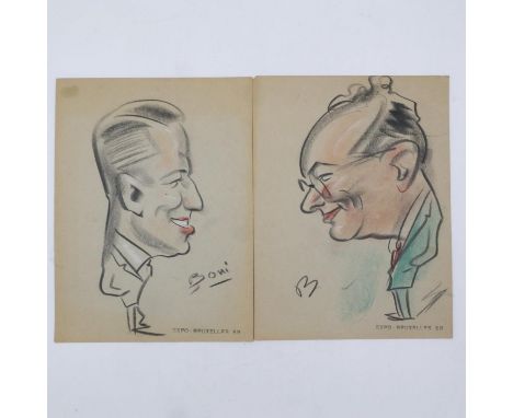 1958 Exposition Universelle et Internationale de Bruxelles, Belgium: two coloured charcoal caricatures on buff paper, each st