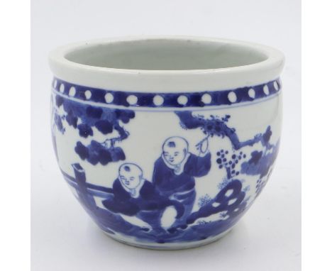 Chinese blue and white bowl with figural decoration. D: 19cm. No cracks or chips, some firing/pitting marks, large crazing on