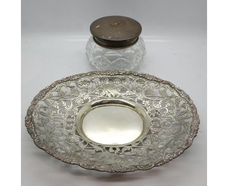 Hallmarked silver pierced dish (L: 20 cm) and a silver covered glass jar, 130g. UK P&amp;P Group 3 (£30+VAT for the first lot