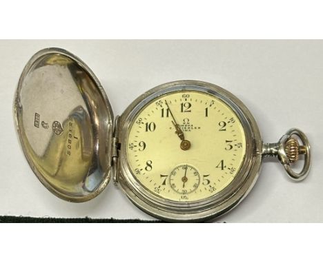OMEGA: 900 silver cased crown-wind full hunter fob watch, marked for C Steirlen, circular enamelled dial with subsidiary seco
