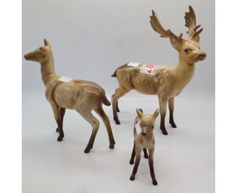 Beswick deer family, stag, doe and fawn, no cracks or chips, H: 18 cm. UK P&amp;P Group 2 (£20+VAT for the first lot and £4+V