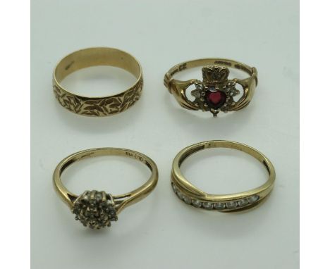 Four 9ct gold rings, three stone set, two with stones missing, various sizes, combined 6.8g. UK P&amp;P Group 0 (£6+VAT for t