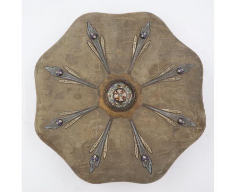 Octagonal silk bound wooden box with enamel decoration, D: 33 cm. UK P&amp;P Group 3 (£30+VAT for the first lot and £8+VAT fo