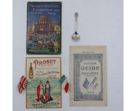 1908 Franco - British Exhibition London official programme, souvenir &amp; guide, Schweppes folding souvenir card and an enam