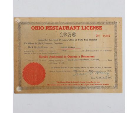 1937 Great Lakes Exposition Ohio restaurant license (issued 1936) to Charles Schwarz. UK P&amp;P Group 1 (£16+VAT for the fir