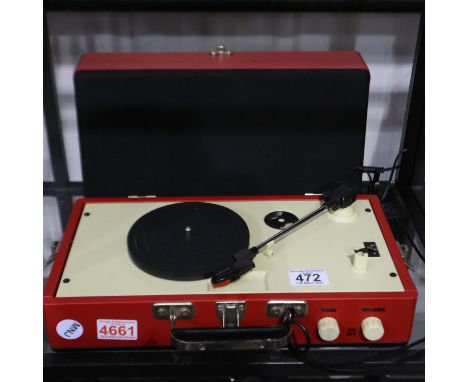 Red Steepletone vintage style record player with large detachable speaker, model number SRP025, working at lotting. Not avail
