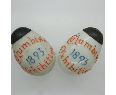 The Worlds Columbian Exposition 1893 pair of enamelled glass pepperettes, each with pewter sifters, marked Columbian Exhibiti