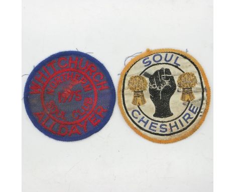 Two Northern Soul fabric patches, 1975 Whitchurch and Cheshire soul. UK P&amp;P Group 1 (£16+VAT for the first lot and £2+VAT