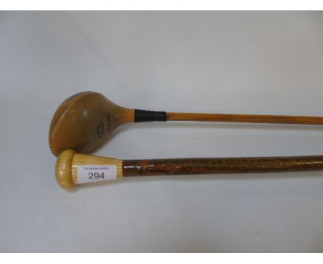 A Walking cane with compass insert to top, plus an old golfing wood - J. Youds Hoylake