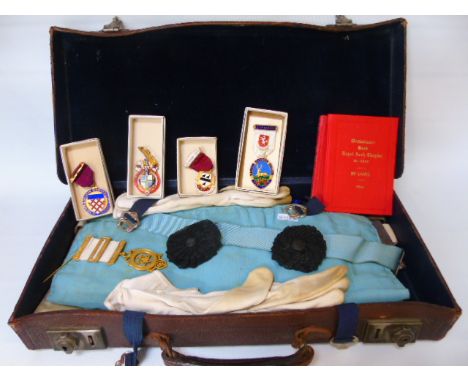A collection of Masonic items including medals, sash, gloves etc