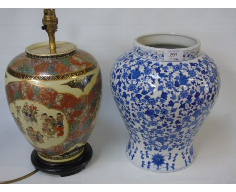 An Oriental vase of baluster form converted as a table lamp, plus a blue and white vase