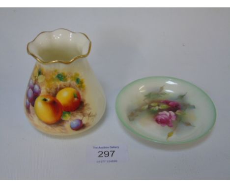 2 Royal Worcester items comprising a dish and a bud base, both having hand painted floral decoration
