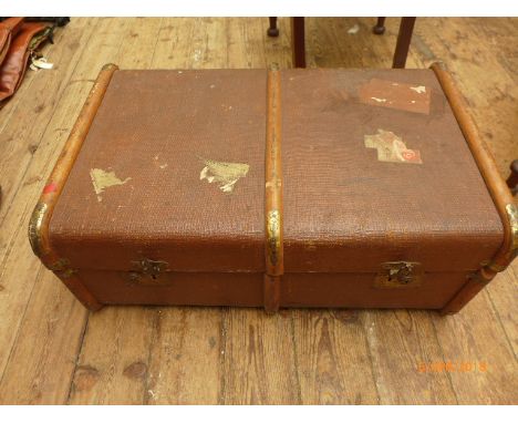 Brown canvas battened travelling trunk