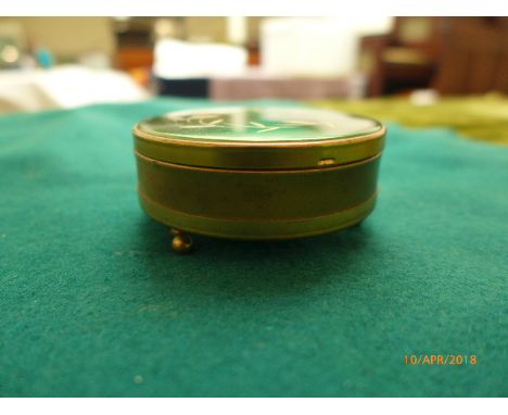 Brass and green enamel jewellery box with string of pearls with plated clasp