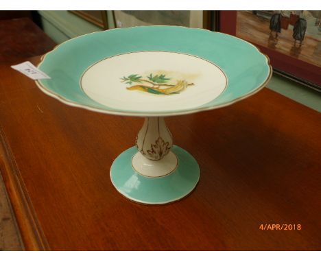 Duck egg green surround cake stand on circular plinth, the centre showing ornamental yellow pheasant on bow of tree, small ve