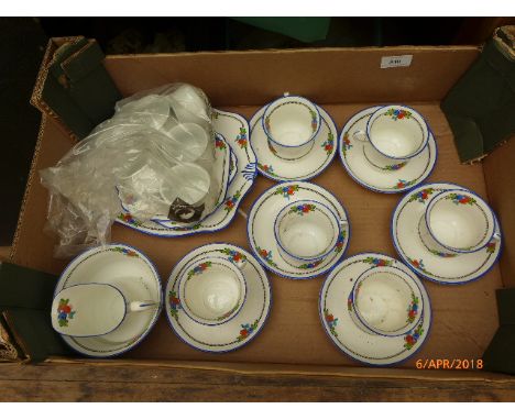 20 pieces of white ground Tuscan china incl. 6 cups and saucers, the blue border decorated coloured fruits together with 5 Ro