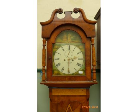 Eight day Victorian long cased clock in ornate inlaid case in mixed woods with swan neck pediment, the painted dial with roma