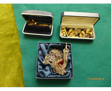 Three small presentation boxes incl. a selection of Gentleman's mainly plated cufflinks, tie clip, pierced bracelet etc.