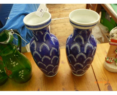 Pair of early 20th century patterned cobalt blue urn shaped mantelpiece vases