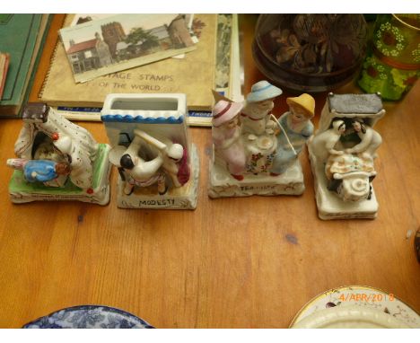 4 miniature Staffordshire figures incl. 'The Last One in Bed Switch off the Light' 