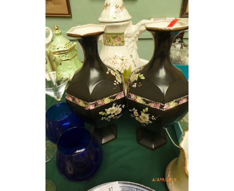 Pair of Edwardian black ground mantelpiece vases, 2 cobalt blue ground glass brandy balloons and a red studio glass vase 