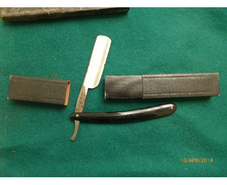 Collectors lot including boxed doctors thermometer kit, cut throat razor and a pair of folding tongs both in original cases