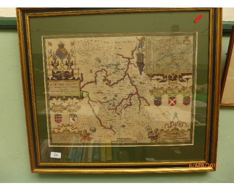 John Speed coloured framed map of the County of Bedfordshire first edition 1615 