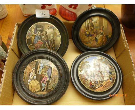 4 circular framed Pratt Factory pot lids incl. Persuasion (353), First Appeal (329), The Village Wedding (240), Cries of Lond
