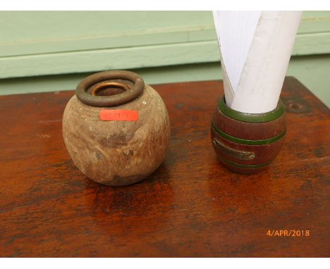 Fish float and a small teak barrel crafted from H.M.S. Birmingham a WW I light cruiser