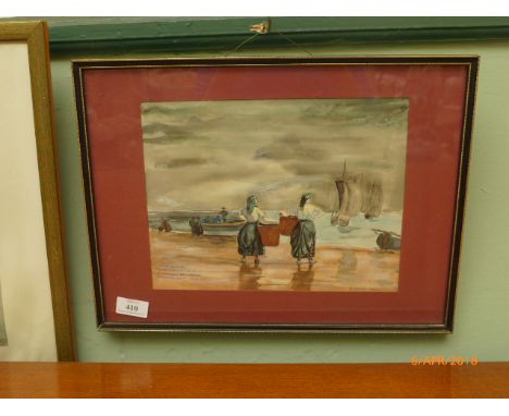 Watercolour of fisher girls on seashore waiting for the boats coming in signed K. Buxton 1977