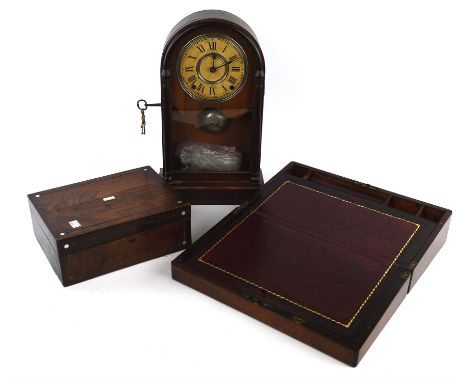 A Victorian mahogany writing slope with fitted interior, width 40.5cm, a Victorian rosewood and mother of pearl inlaid sewing