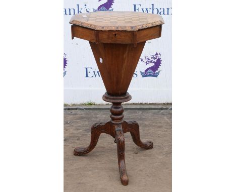 A Victorian walnut octagonal trumpet form work table, the hinged chessboard top on cabriole legs, H 75cm, W 42cm