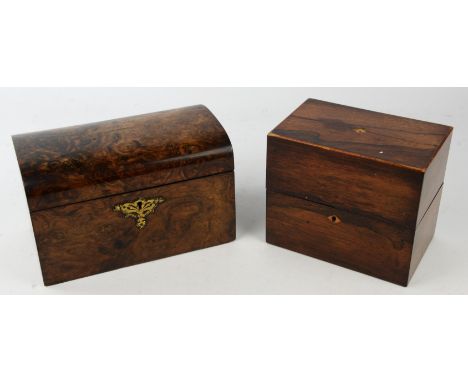 A Victorian burr walnut twin division tea caddy of domed form, width 24.5cm  and a rosewood tea caddy containing two Paris po
