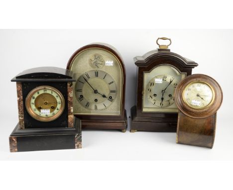 A mid/late 20th century mahogany arch top cased mantel clock with silvered dial detailed 'Tempus Fugit', 32cm high, a 19th ce