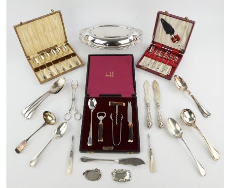 A quantity of silver plated and other items including ; a Ladle, serving spoons, a lidded entre dish, cased coffee spoons and