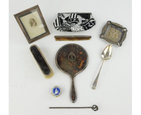 Georgian silver spoon, marks for S.A, London 1801, together with silver plated purse frame, a silver and tortoiseshell mirror